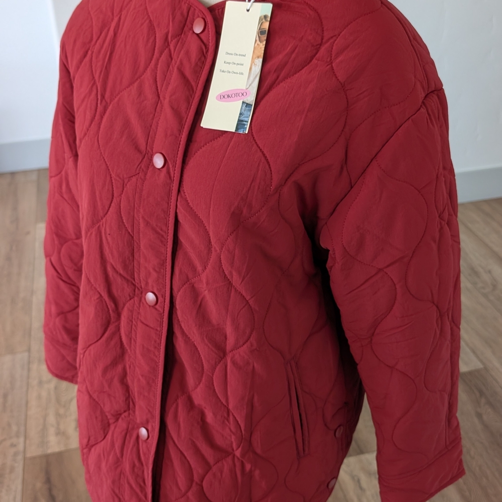 Quilted Button-Front Utility Jacket - Red - Picture 2 of 12